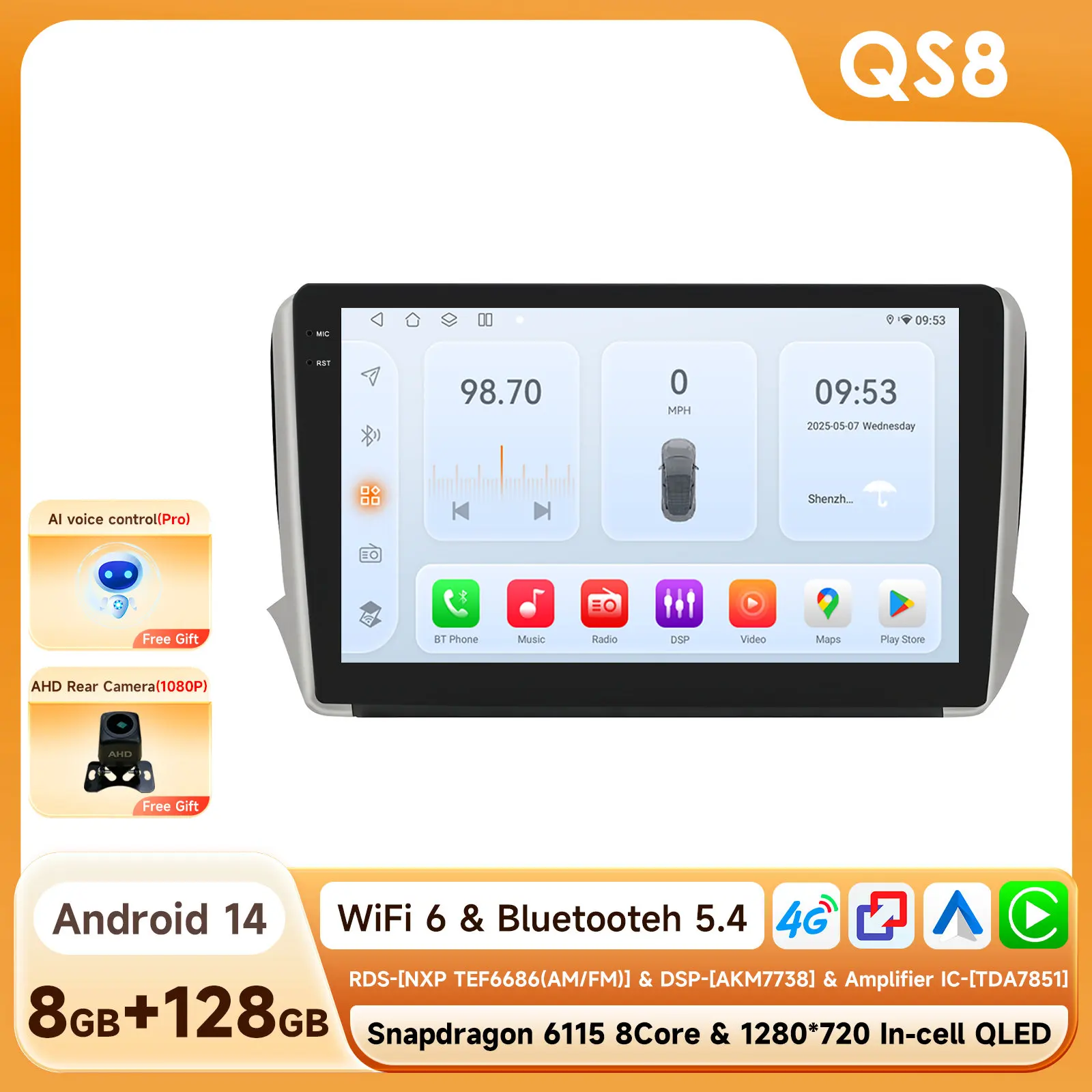 2 Din Android 14 Auto Multimedia Speler voor Peugeot 208 2008 Serie 2012-2018 Navigatie GPS AutoRadio Stereo DSP BT SWC DVR Cam