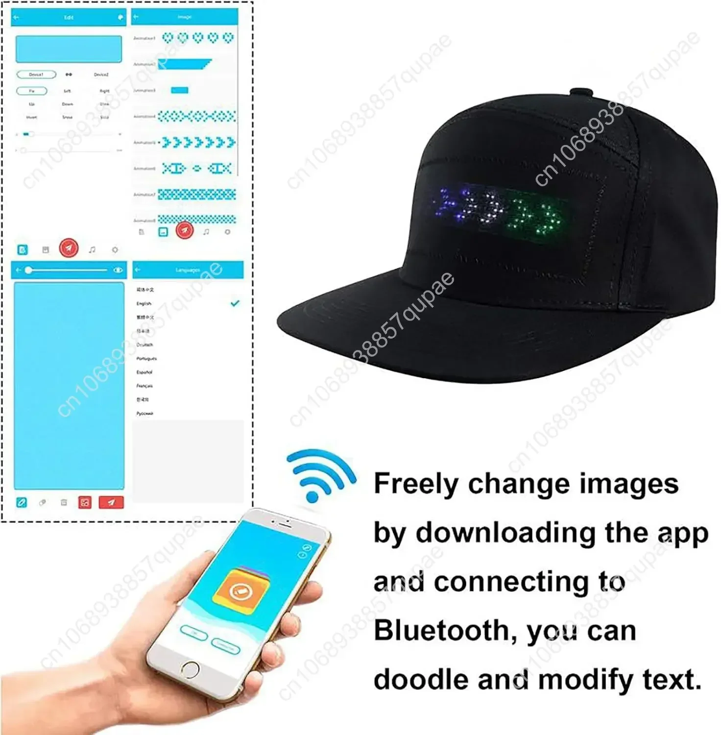 قبعة عرض دوارة LED قابلة لإعادة الشحن من Yoyoway، قبعة تمرير مخصصة، نص، تطبيق بلوتوث يتم التحكم فيه