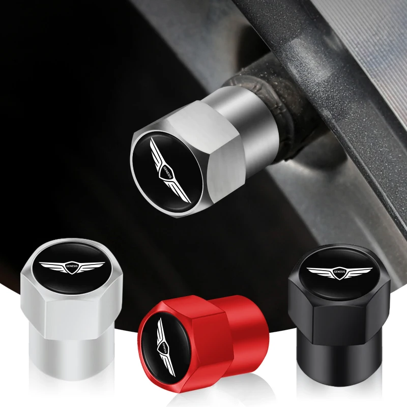 4Pcs Universal Aluminum Alloy Hexagonal Car Tire Valve Caps Cover Genesis Logo Airdust Waterproof Cars Truck Bike Accessories