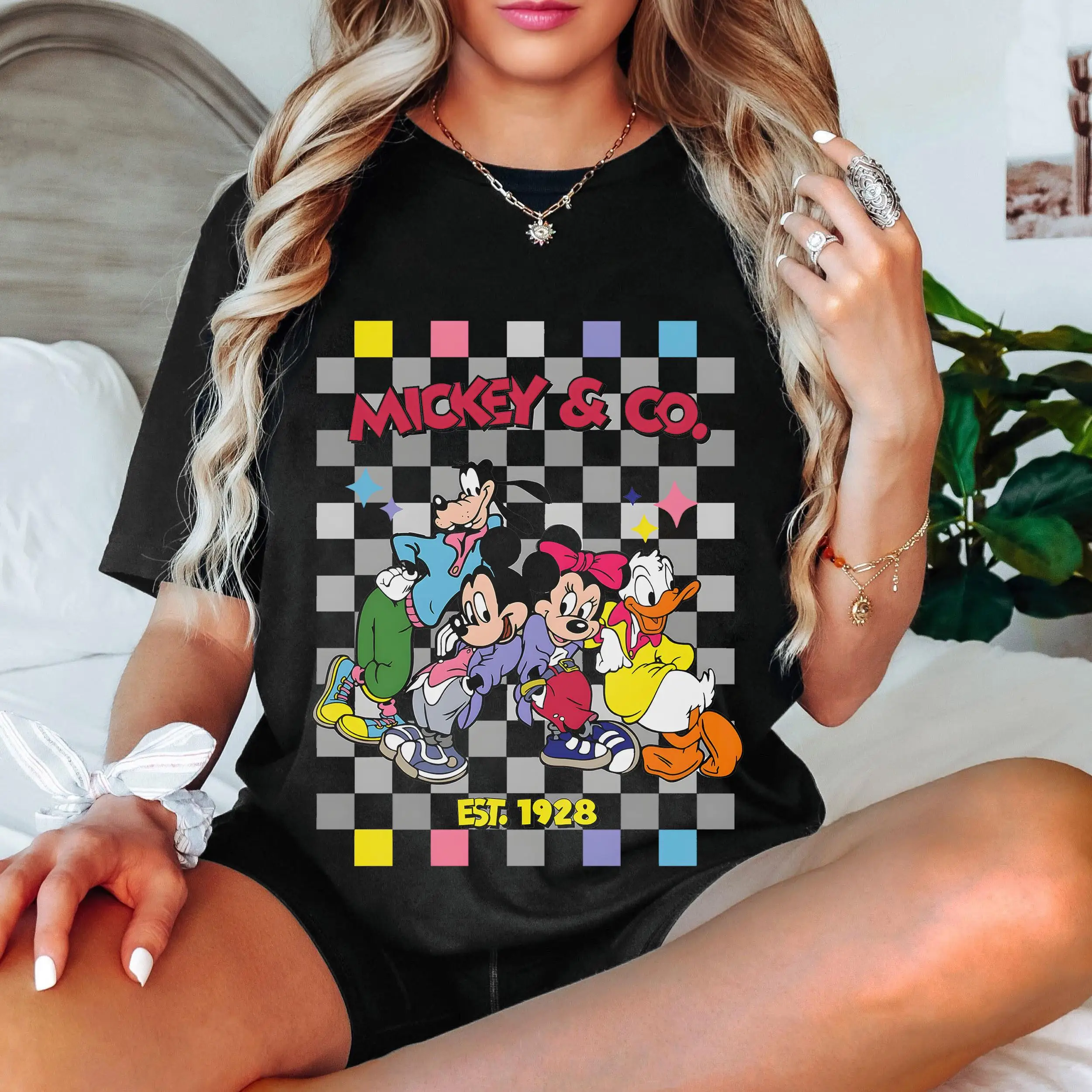 ديزني ميكي وشركاه Est 1928 قميص للنساء قصيرة الأكمام القطن تيز ديزني ميكي والأصدقاء قميص الصيف المرأة تي شيرت