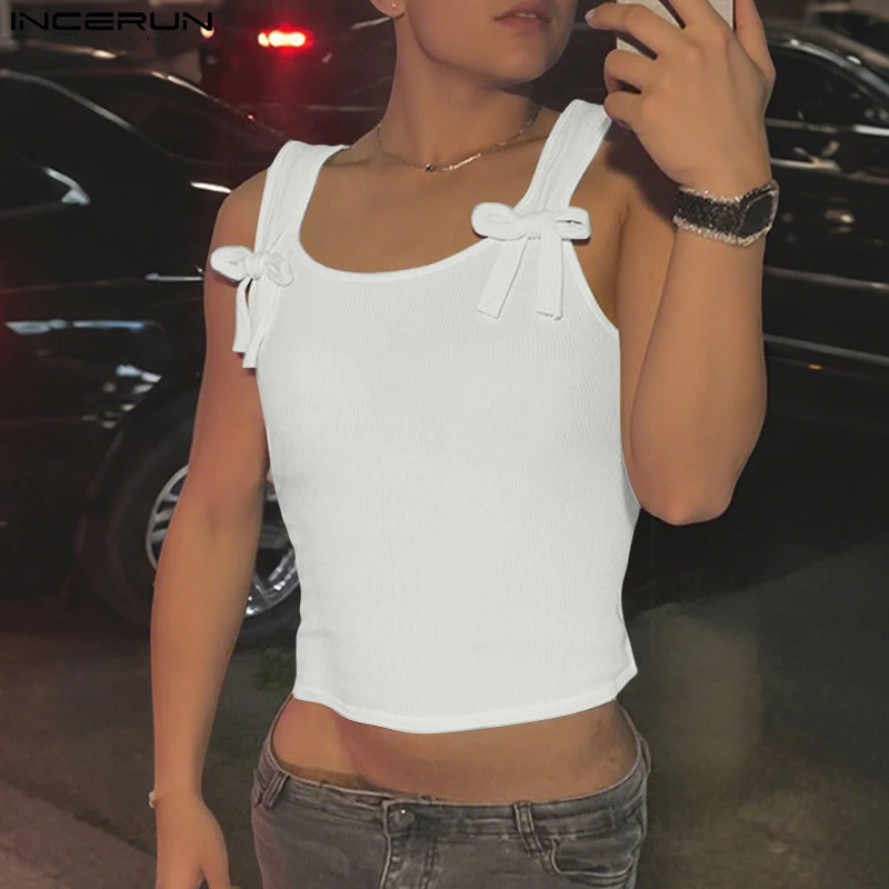 

INCERUN мужские топы на бретелях, однотонные мужские жилеты без рукавов с круглым вырезом на шнуровке, летняя уличная одежда с бантом, модные сексуальные укороченные топы унисекс 20л.