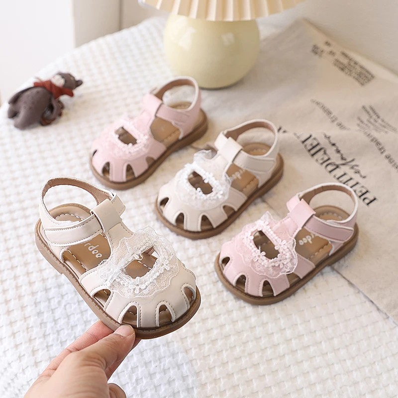 Spring Girl's Princess Shoes Cover Toe Hollow Out Lace Sweet Kid's Flat Shoe Solid Colors Anti-slip Fashion Daily Children Shoes