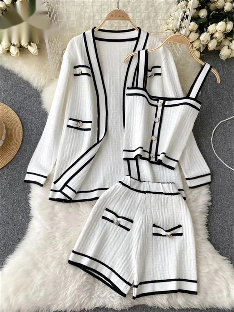

Autumn Knitwear 3PC Sets Long Sleeves Cardigan+Single Breasted Spaghetti Strap+High Waist Elastic Shorts Casual Suits