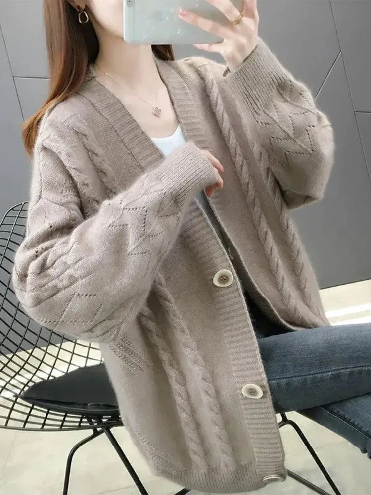 Casual Cardigan Women Simple Solid Elegant Tops V-neck All-match Daily Long Sleeve Clothing Soft Korean Style Sweater