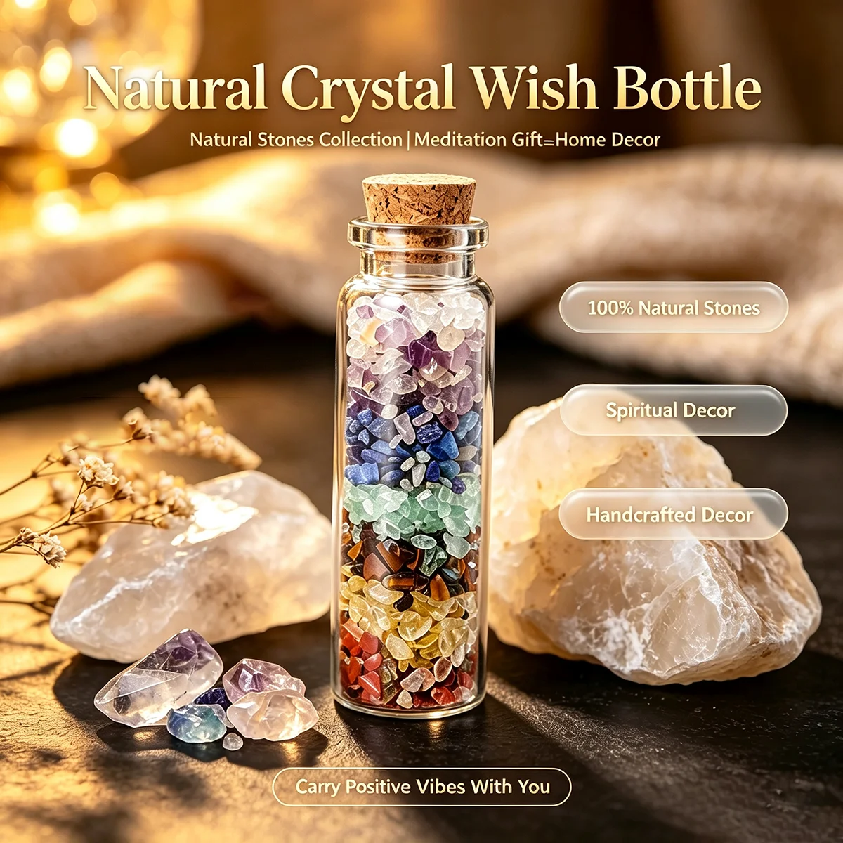 Natural Crystal Chips Wish Bottle, Rainbow Crushed Stone Glass Bottle, Desktop Home Ornament, Novelty Gift for Friends Family