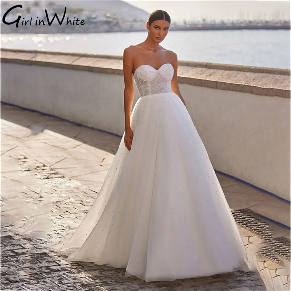 Strand Parels Een Lijn Trouwjurk Sweetheart Wedding Gown Hof Trein Backless Tulle Wedding Bruid Gewaad Vestidos De Novia