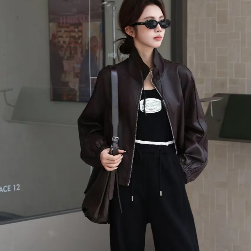 عارضة الوقوف طوق الرباط بو الجلود Jaet المرأة ملابس خارجية الراقية الأوروبية Sle الخريف الشتاء Faion تخفيف الرياح