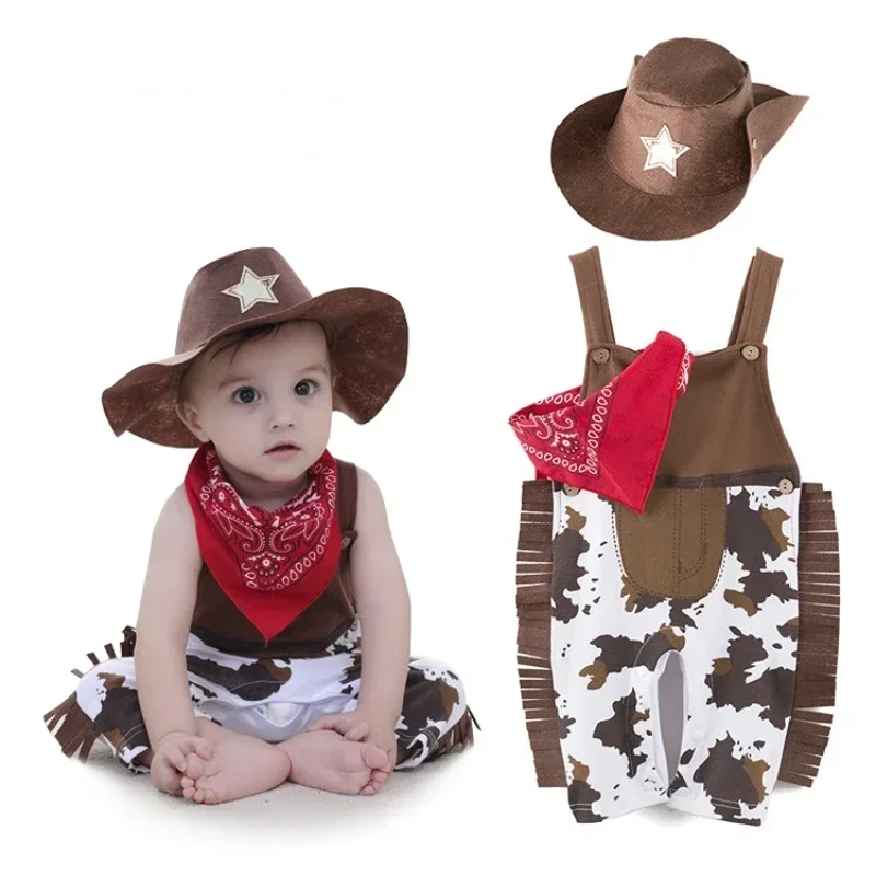 3pcs Fashion Baby Cowboy Romper Costume Infant Toddler Boy Girl Clothing Set Hat +Scarf +Romper Birthday Outfits