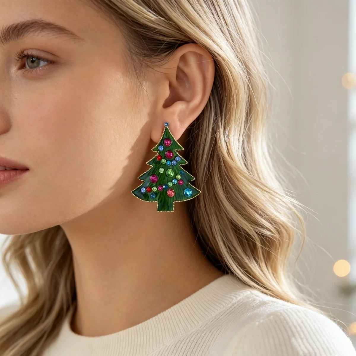 Bunte Strass-Ohrringe mit grüner Emaille, Weihnachtsbaum-Ohrstecker für Frauen, künstliche Perlen, Weihnachtsbaum-Ohrringe, Neujahrsparty-Schmuck – Detail 12