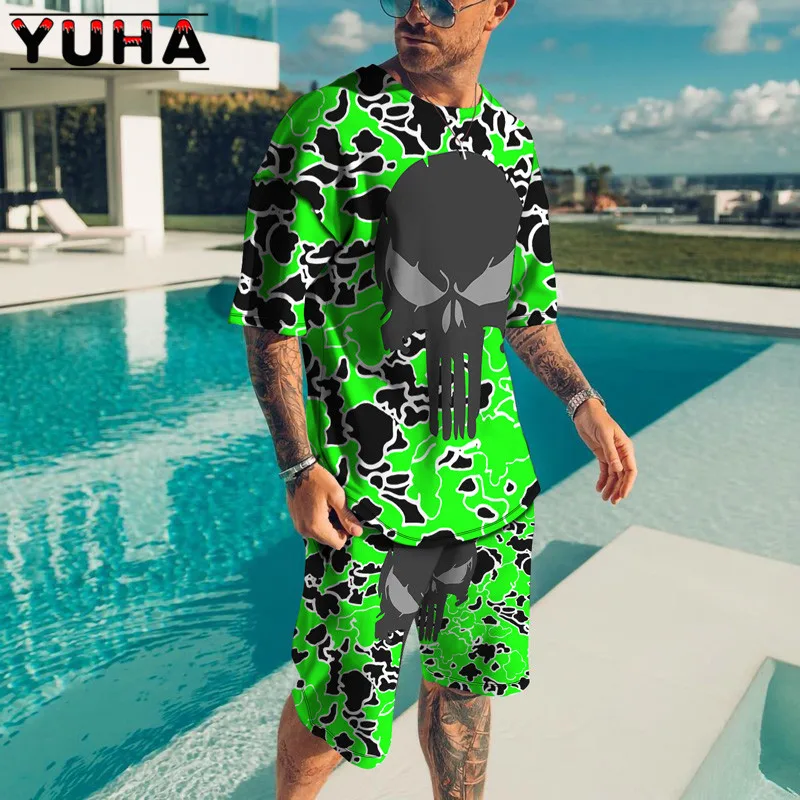 T Shirt Sets 3D Terrible skeleton Print YUHA,Summer Men\'s Clothing Casual Shorts Tracksuit Male 2 Piece Suit Newest Short Sleev