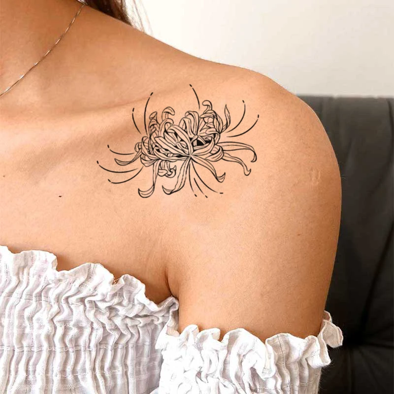 Tatuagens temporárias de Higanbana preto para mulheres, flor criativa, tatuagem de mão falsa, pescoço no peito, festa de verão, meninas, 1pc