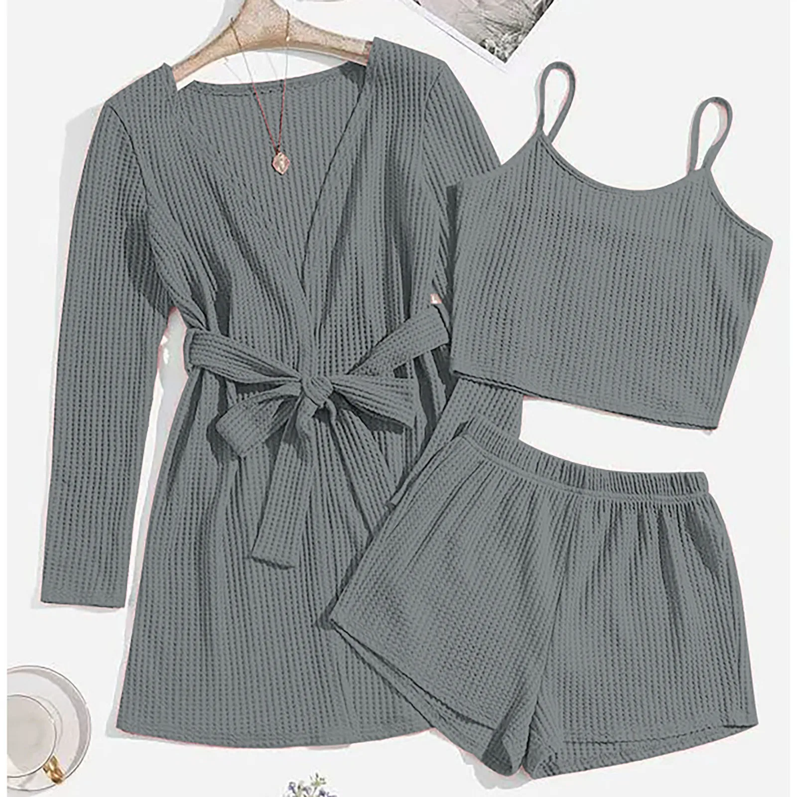 Women’s Spring And Summer Solid Color Casual Three Piece Home Suit Suspender Shorts And 3/4 Sleeve Coat Basics Soft Pajama Sets