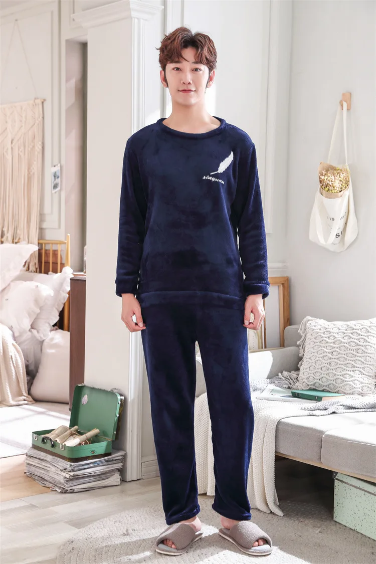 2PCS/세트 두꺼운 따뜻한 가을 및 겨울 플란넬 남성 파자마 긴 소매 청소년 잠옷 홈웨어 캐주얼 나이트웨어