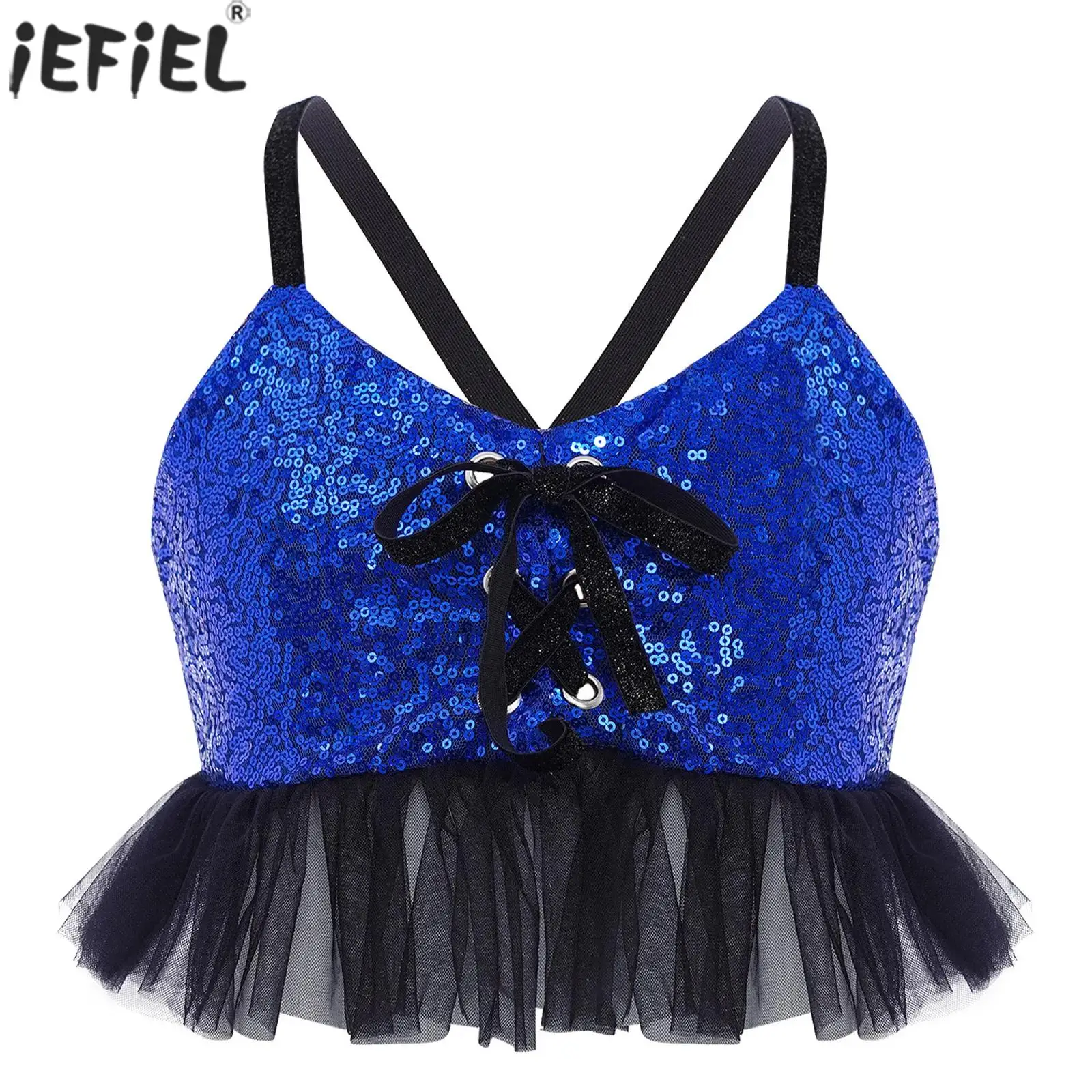 Kids Girls Jazz Hip-hop Dance Crop Top Vest Tulle Ruffles Sequins Camisole Tops Gymnastics Figure Skating Performance Costume
