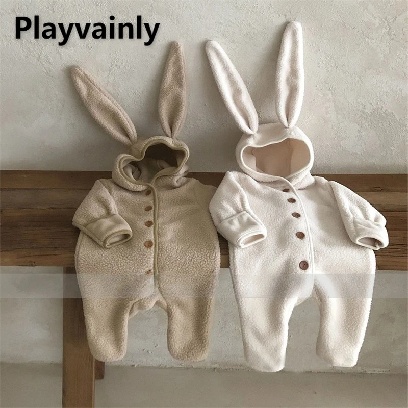 

Korean Style Winter Baby Girl Boy Crawling Clothes Cute Rabbit Ears Single Breasted Hooded Rompers Infant One-Pieces Hoody D2149