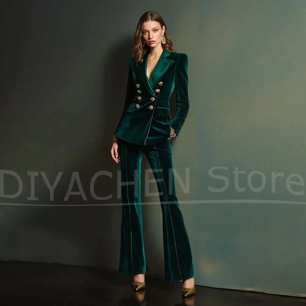 Chic Velvet Women Suit Double Breasted Gold Buttons Blazer and Flared Pants Fashion Formal Evening Party Wedding Luxury Outfit