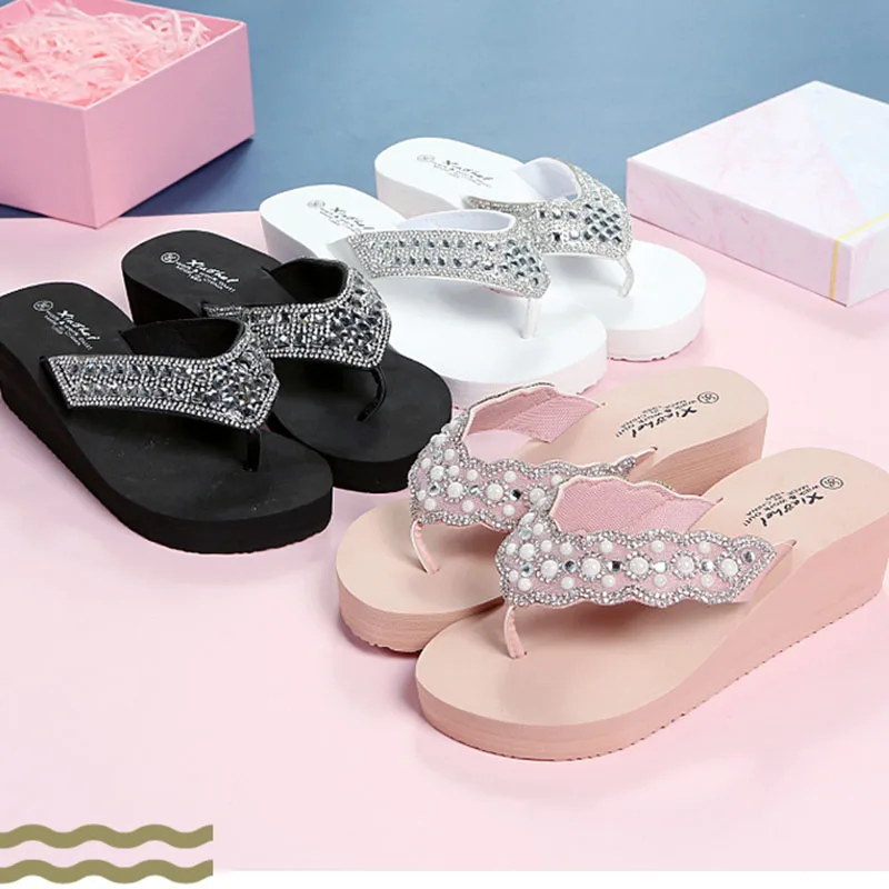 Women Summer Sandals Sequins Beach Female Flip Flops Ladies Slippers High Heels Shoes For Women 2024 Platform Wedges Slippers