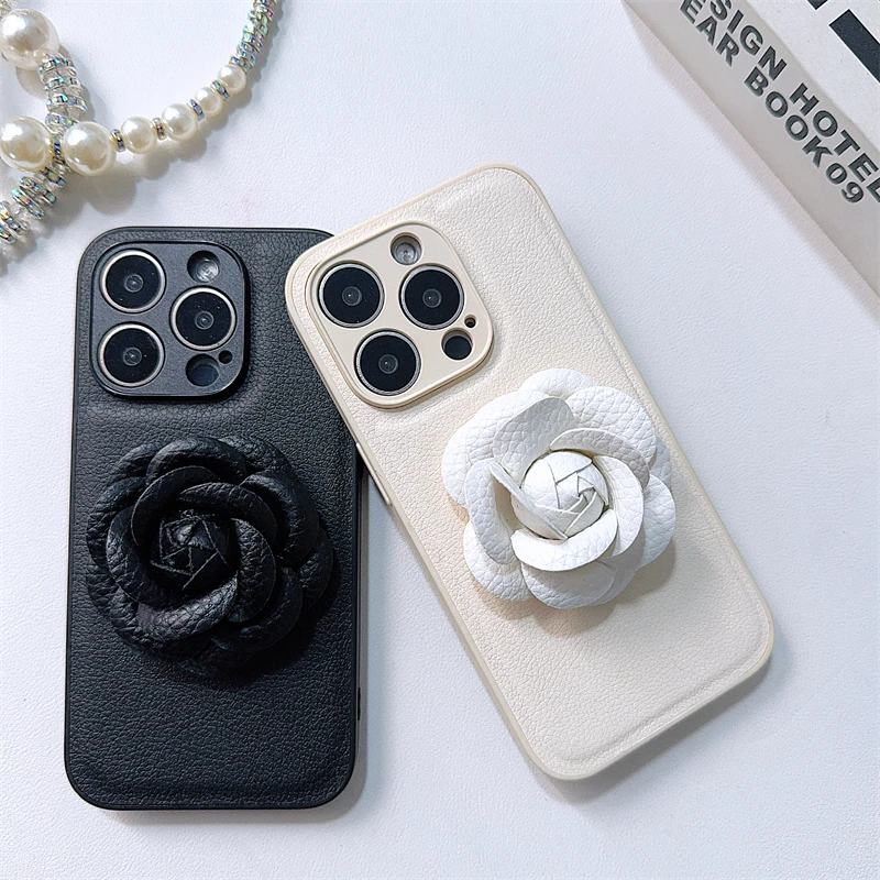 Luxury fashion stereoscopic camellia PU leather Case for iPhone 16 15 14 Phone Cover 13 12 11 Pro MAX Hard Shockproof Back Funda