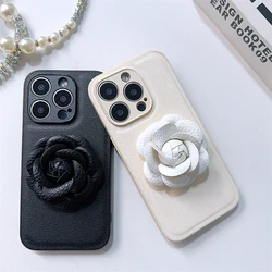 Luxury fashion stereoscopic camellia PU leather Case for iPhone 16 15 14 Phone Cover 13 12 11 Pro MAX Hard Shockproof Back Funda