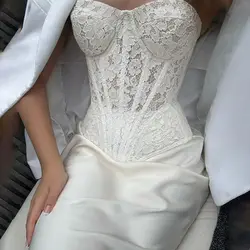 Wedding Strapless Corset Sweetheart Party Gown Lace Sleeveless Sexy Bridal Gown Outfits French Elegant Women High Waist Tube Top