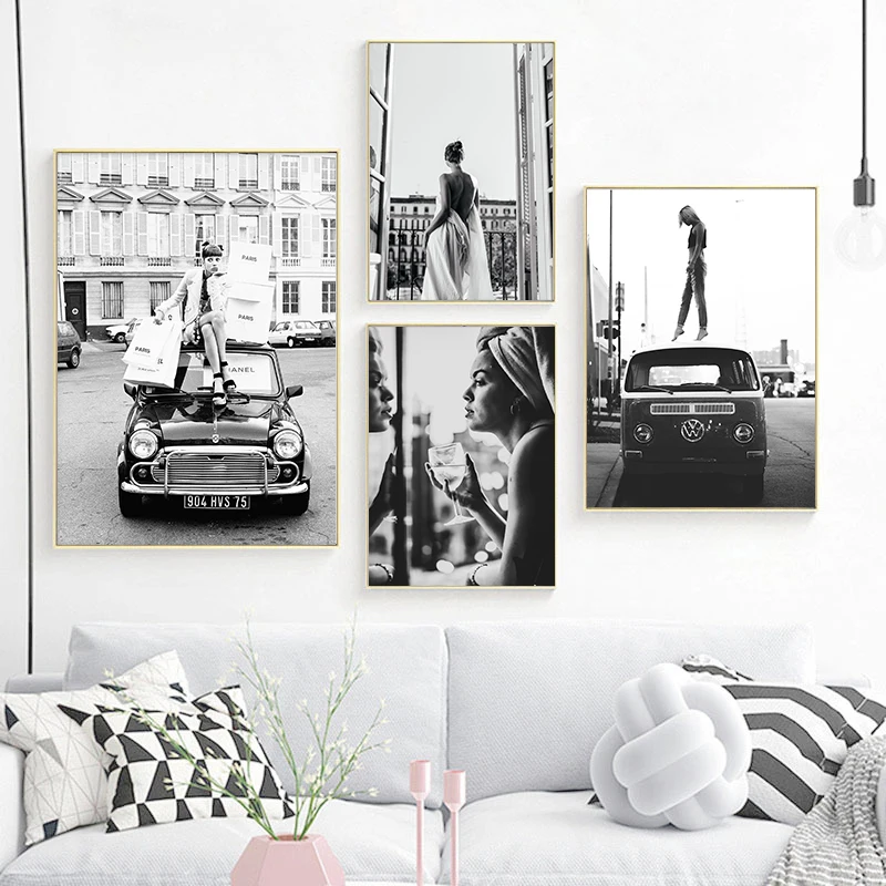 Fashion Girl Black White Photo Posters Print Vintage Street Photography Art Painting Retro Car Modern Pictures Home Room Decor