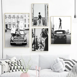 Fashion Girl Black White Photo Posters Print Vintage Street Photography Art Painting Retro Car Modern Pictures Home Room Decor