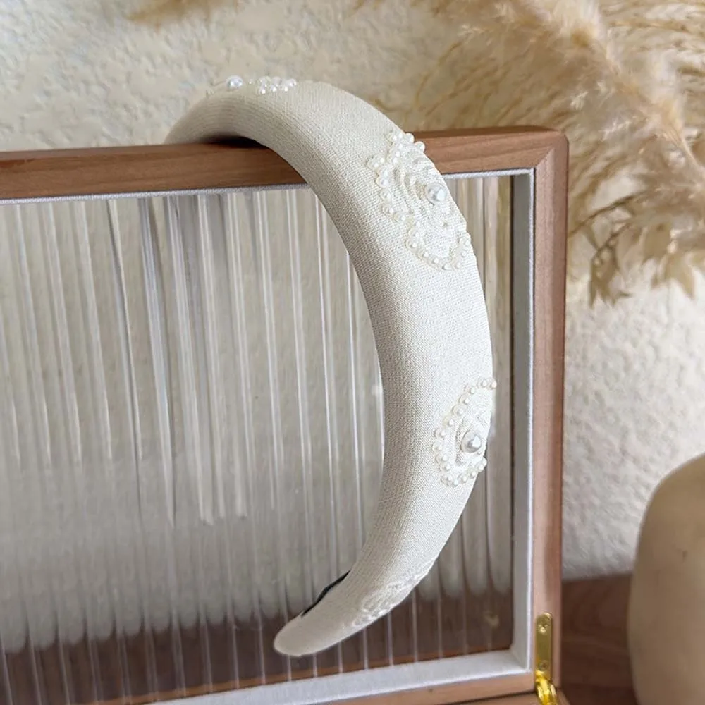 Süße Perlen Stoff Haarreifen Französischer Stil Breite seitliche Perlen Kristall Stirnband Kopfschmuck Rosendruck Beige Blau Haarband Outdoor