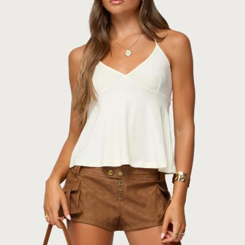 

Женские летние майки без рукавов на шнуровке с глубоким v-образным вырезом, однотонные топы с рюшами и подолом, укороченный жилет Babydoll