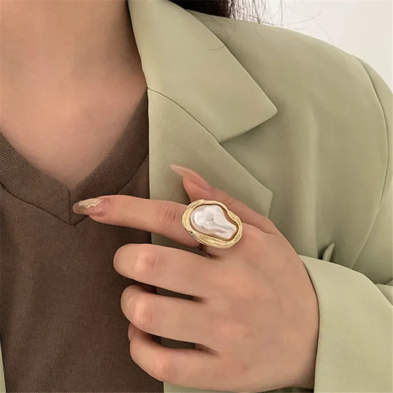 Fashion Personalized Geometrical Irregular Baroque Pearl Ring For Women Retro Open Resizable Index Finger Rings Party Jewelry