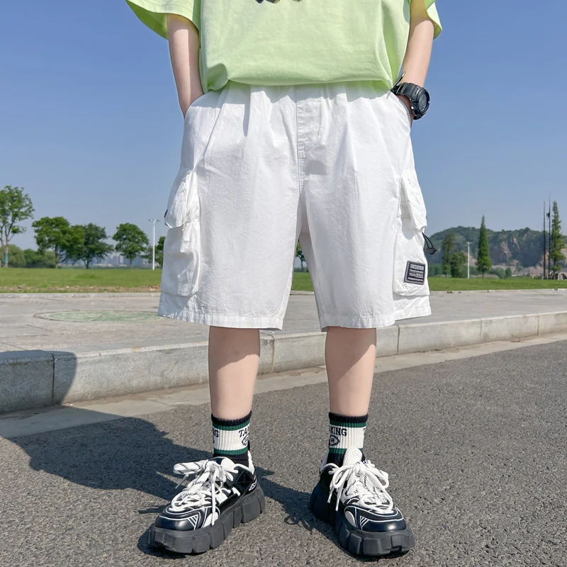 New Design Kids White Color Cargo Shorts with Side Pocket for Tween Boys Casual Cotton Short Pants Teenage Child Summer Shorts