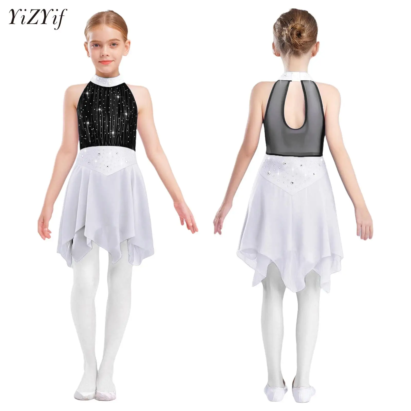 

Kids Girls Lyrical Dance Dress Shiny Rhinestones Metallic Mesh Bodice Irregular Chiffon Dress Ballet Skating Skirted Leotard