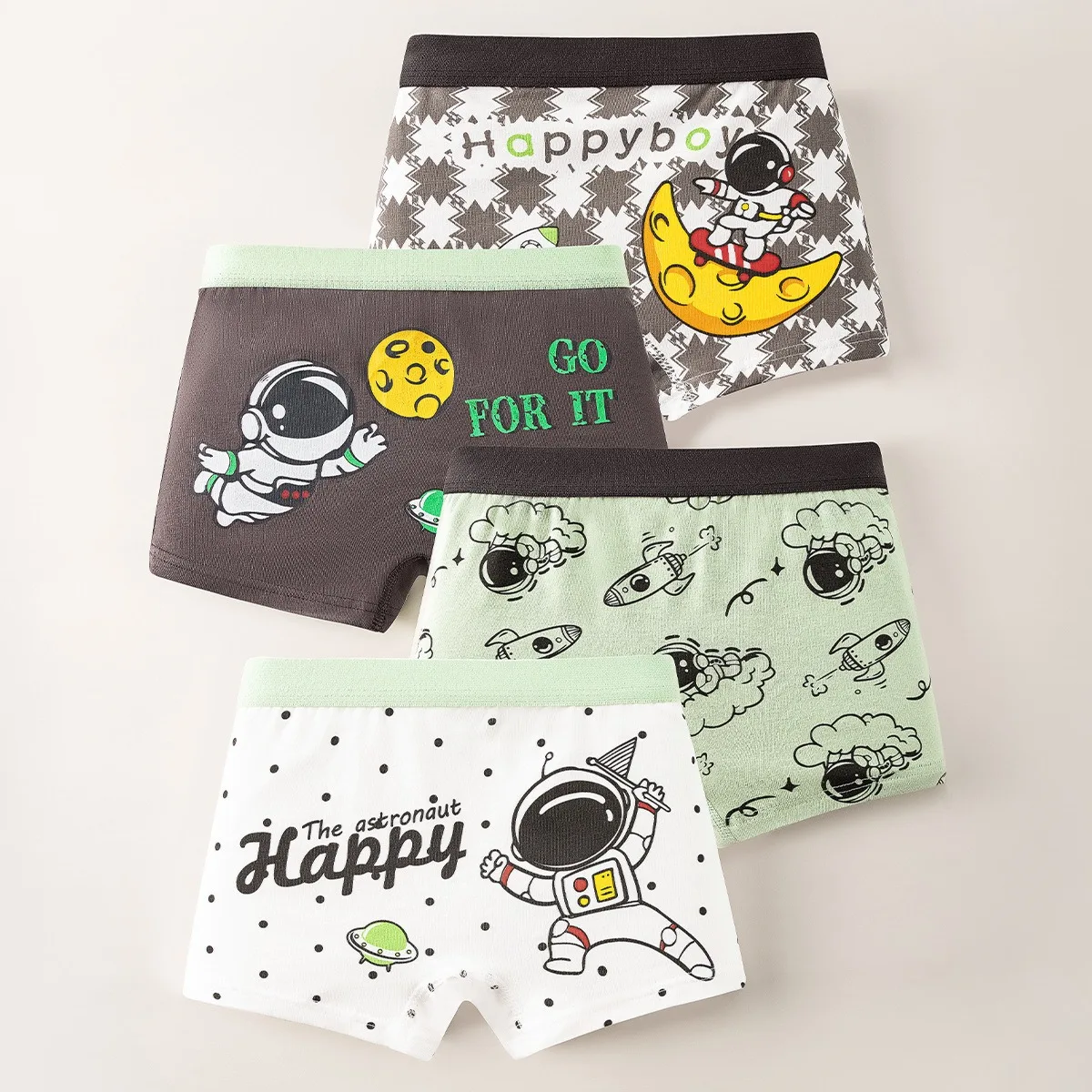 4-Piece Elastic Cotton Boys Boxer Brief Comfortable Wearing Children's Underwear Cool Astronaut Galaxy Pattern Kids Boxer Shorts