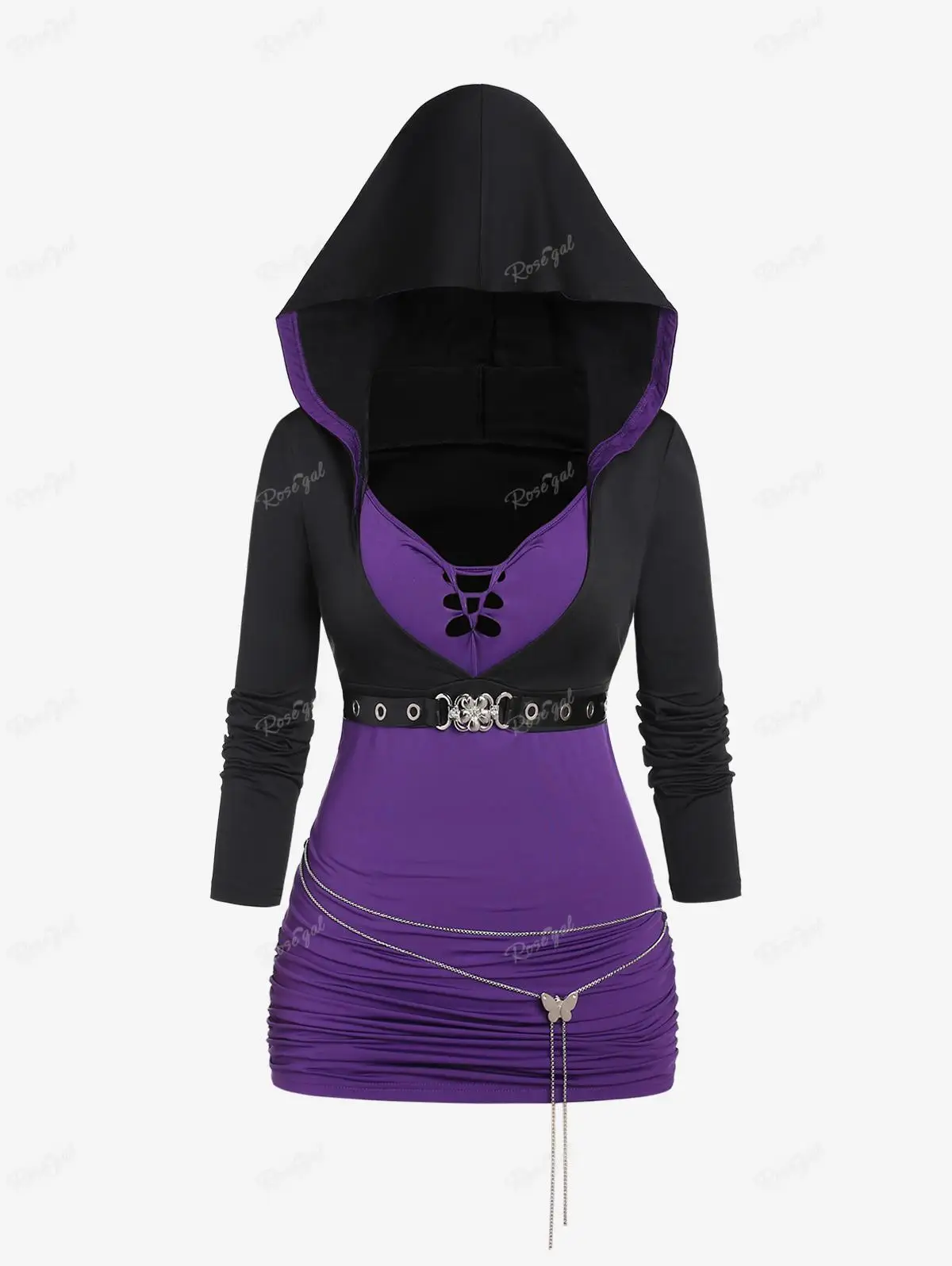 ROSEGAL New Women\'s Plus Size Hoodie T-shirt Purple Ruched Buckle Chain Grommet Hooded Tees Autumn Long Sleeves Tops