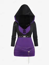 ROSEGAL New Women's Plus Size Hoodie T-shirt Purple Ruched Buckle Chain Grommet Hooded Tees Autumn Long Sleeves Tops