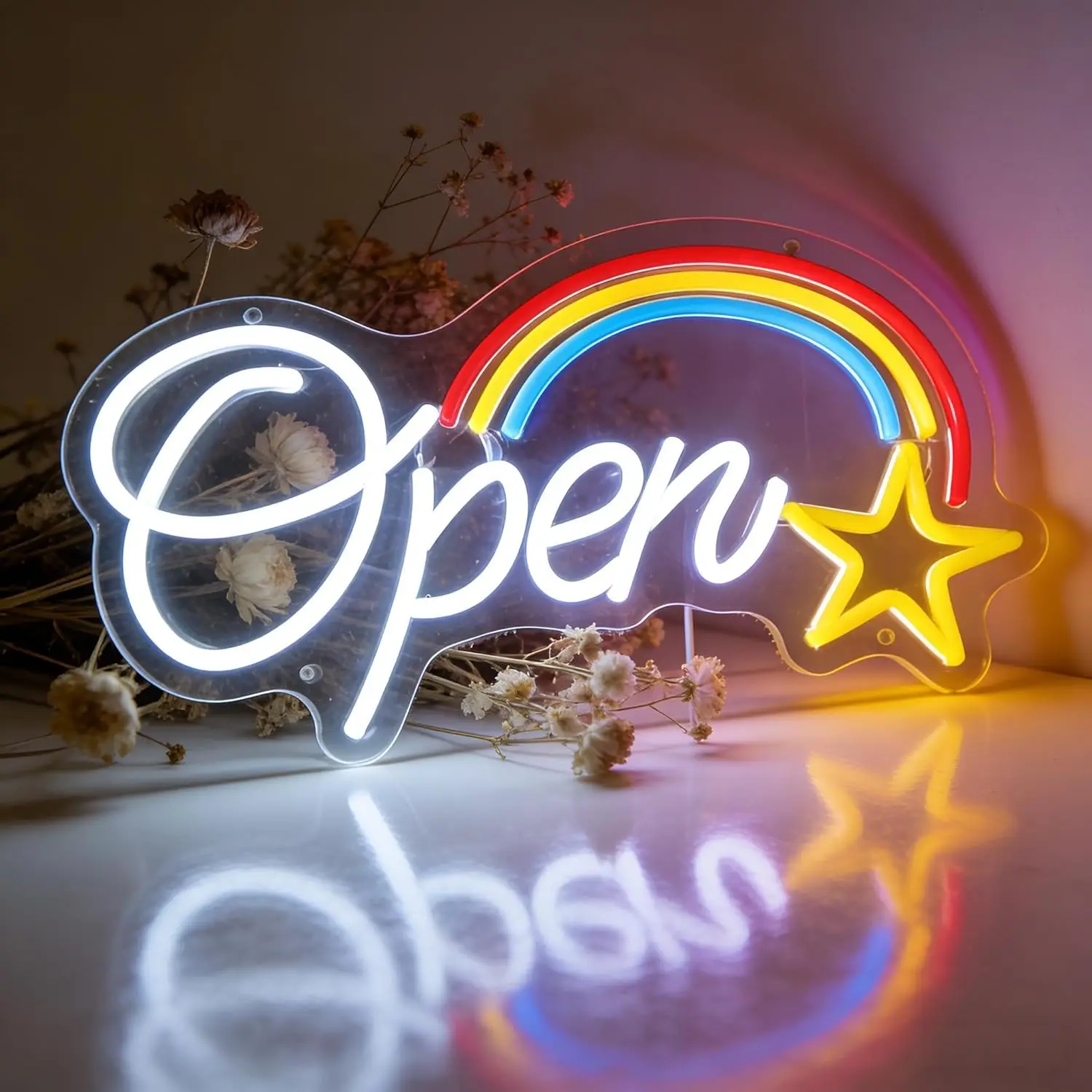 Open Star Colorful Neon Sign LED Window Light for Shop Store Cafe Boutique Business Opening Event Wall Decor USB Dimmable Lamp