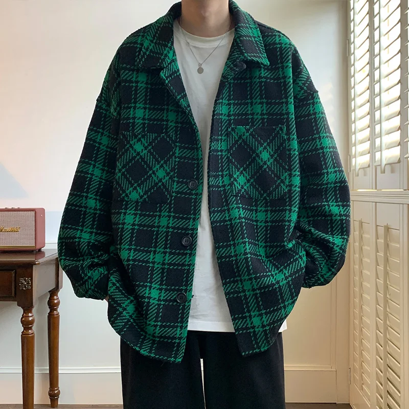 Autumn Plaid Pattern Shirt Black and White Cardigan Jacket Diamond Check Pocket Shirt Single-breasted Thick Coat Korean Style