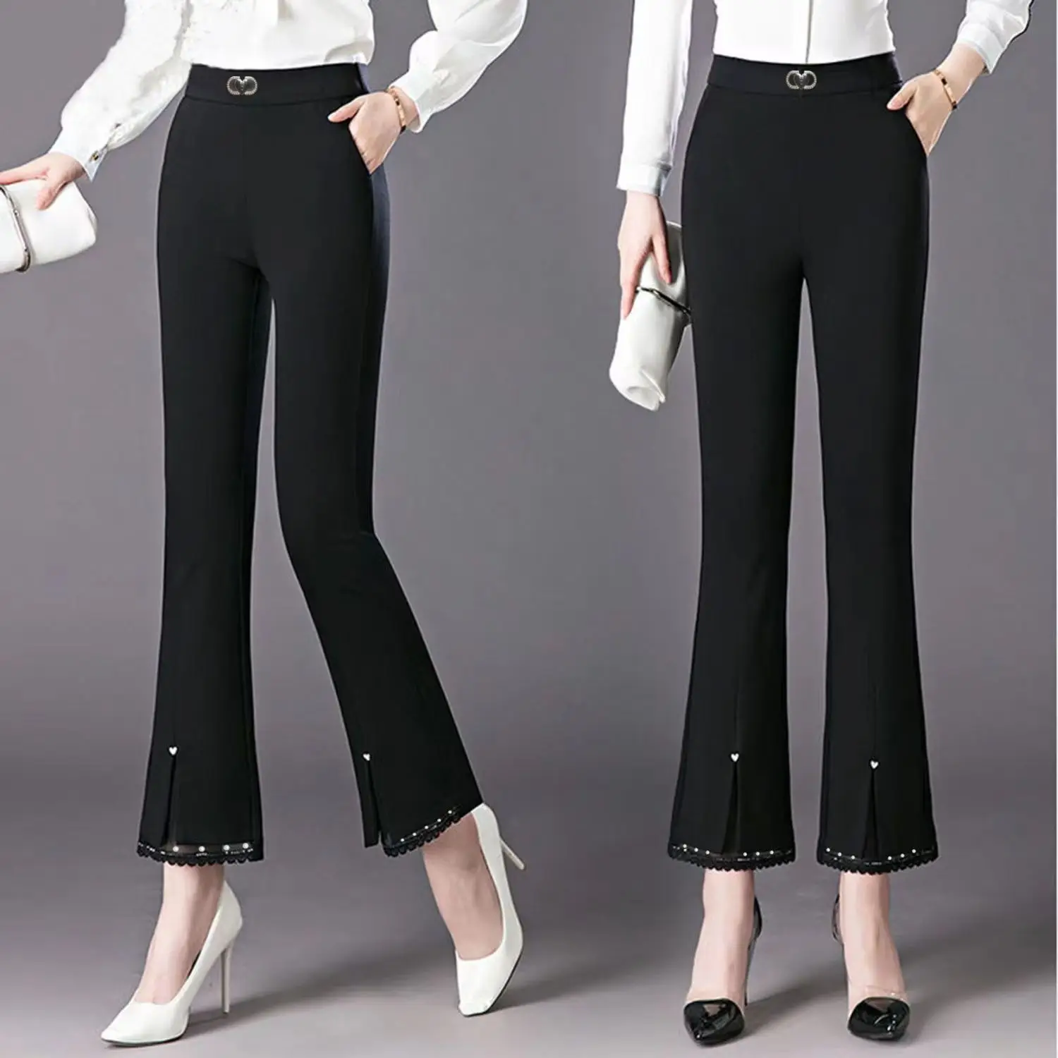 Spring Summer 2024 New High Waist Slim Flare Ladies Fashion Patchwork Net Yarn Elastic Waist Casual Pants Women Clothes Trousers