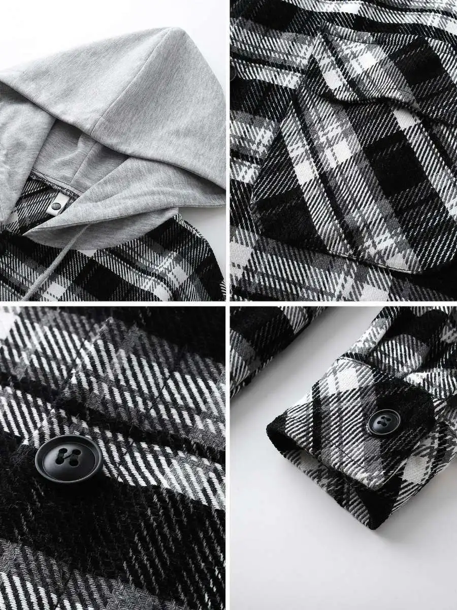 

Autumnal Plaid Hooded Jaet Casual Teenage Men's Two-Piece Outerwear Loose Fit Cotton Blend Thiened Youthful Trend