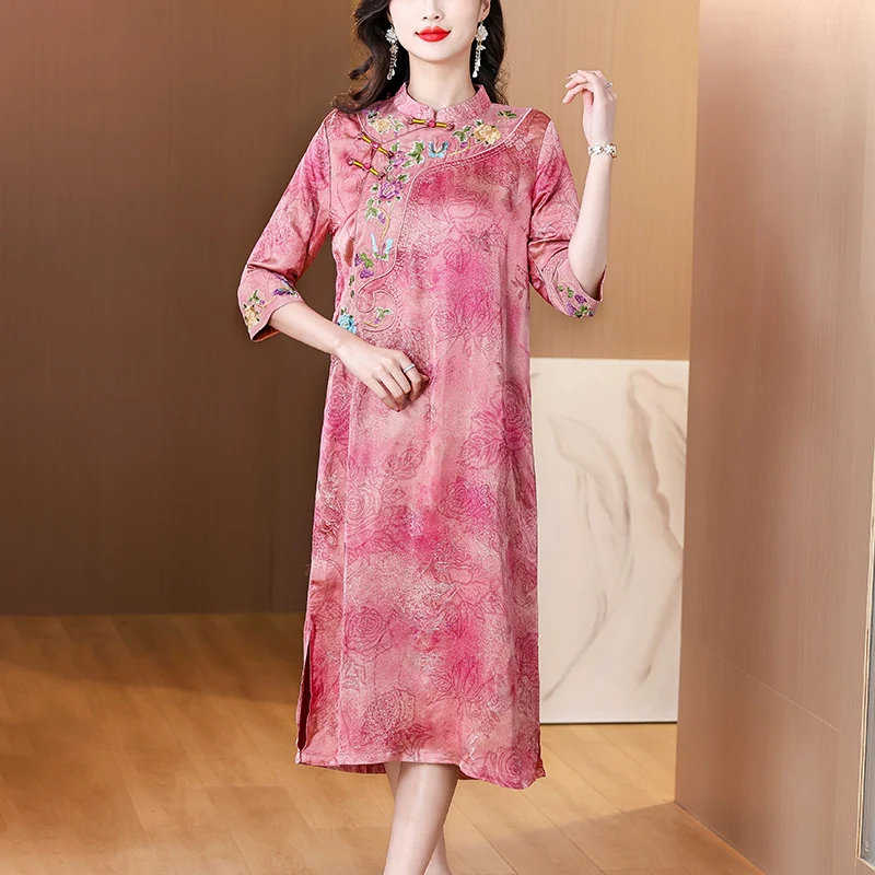 

2025 Summer Chinese Style Silk Floral Midi Sundress Women Boho Fashion Casual Embroidery Dress Elegant Luxury Festival Vestidos