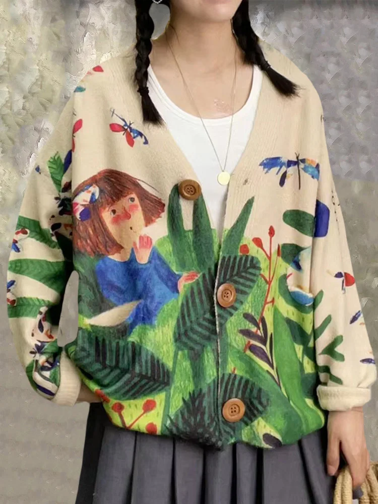 Max LuLu 2023 Winter Ladies Fashion Loose Printed Cardigans Womens Casual Cartoon Warm V Neck Sweaters Luxury Big Size Knitwear