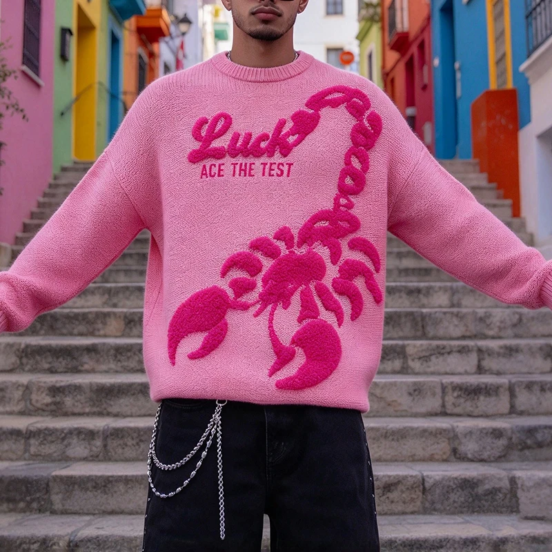 Streetwear Vintage Crew Neck Knitted Pullover Mens Daily Outdoor 2026 Autumn Loose Fit Long Sleeve Sweater For Male Tops