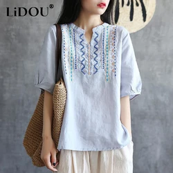 2023 Summer Simple Vintage V-neck Short Sleeve T-shirt Women Elegant Embroidered Cotton Hemp Temperament Pullovers Loose Tops