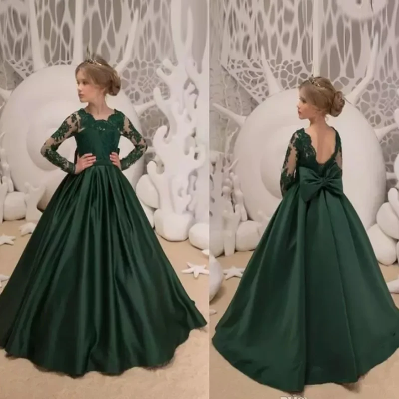 Dark Green Satin Girl Princess Flower Girl Dresses Appliques Long Birthday Pageant Communion Robe De Demoiselle Wedding Party