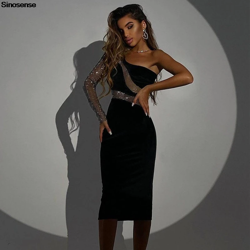 Women Velvet Elegant Wedding Guest Evening Cocktail Party Midi Dress Sexy One Shoulder Long Sleeve Sequin Bodycon Club Dress