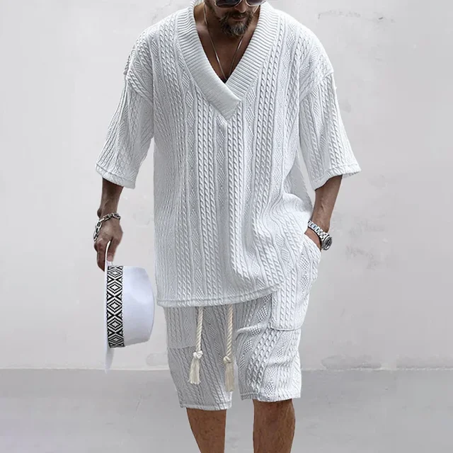 2024 Wiosna i lato Casualowy zestaw szortów z dzianiny Dwuczęściowy męski T-shirt z krótkim rękawem i szorty Street Wear Zestaw z dzianiny