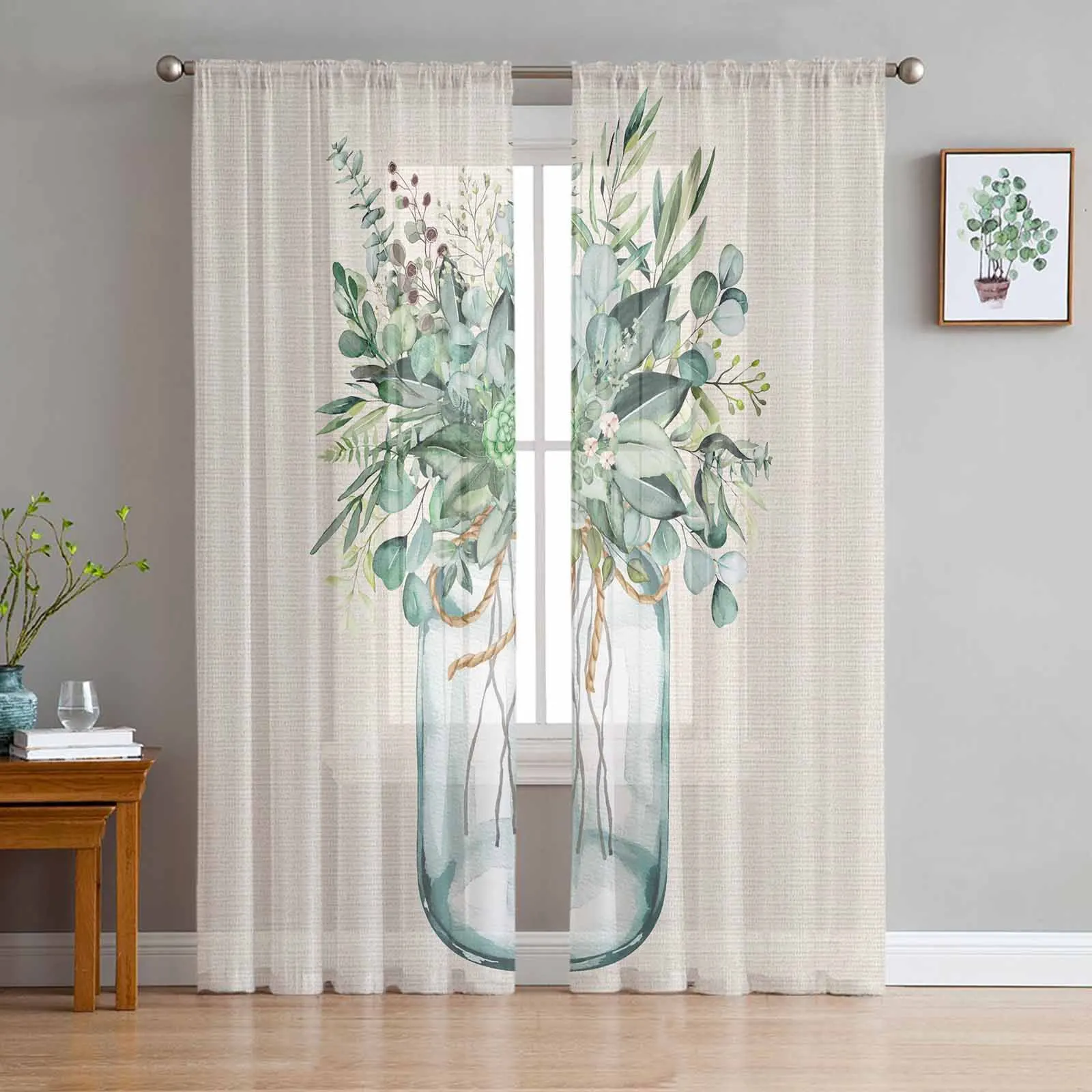 Summer Eucalyptus Leaves Triangle Tulle Sheer Window Curtains For Living Room Kitchen Children Bedroom Voile Hanging Curtain