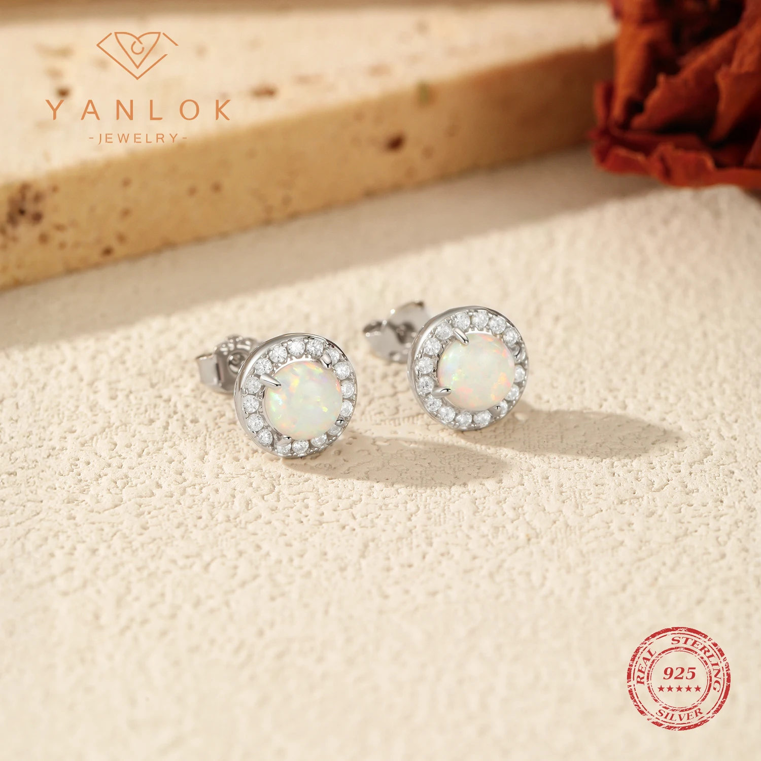 YANLOK 925 Sterling Silver Minimalist Round Opal Ear Studs Sparkling Halo Earrings For Women Office Fine Jewelry