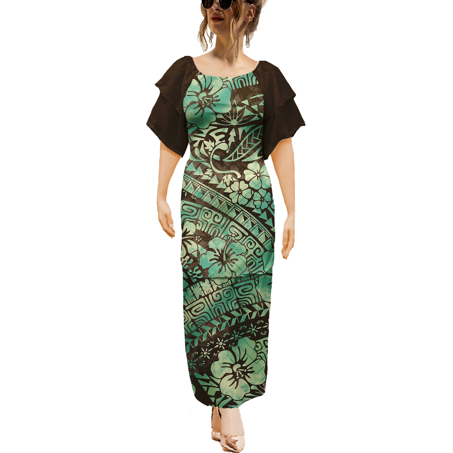 Tribal Hawaiian Samoan Two-piece Set Puletasi Elegant Dresses Island Short Sleeve Dress Polynesia Print On Demand