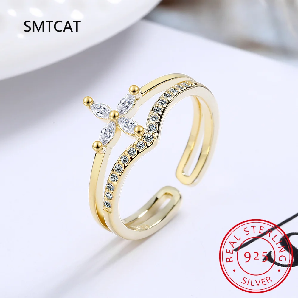 2mm Simulated Moissanite Double Layer Four-leaf Clover Ring 925 Sterling Silver Cluster Flower Wedding Rings For Women Jewelry