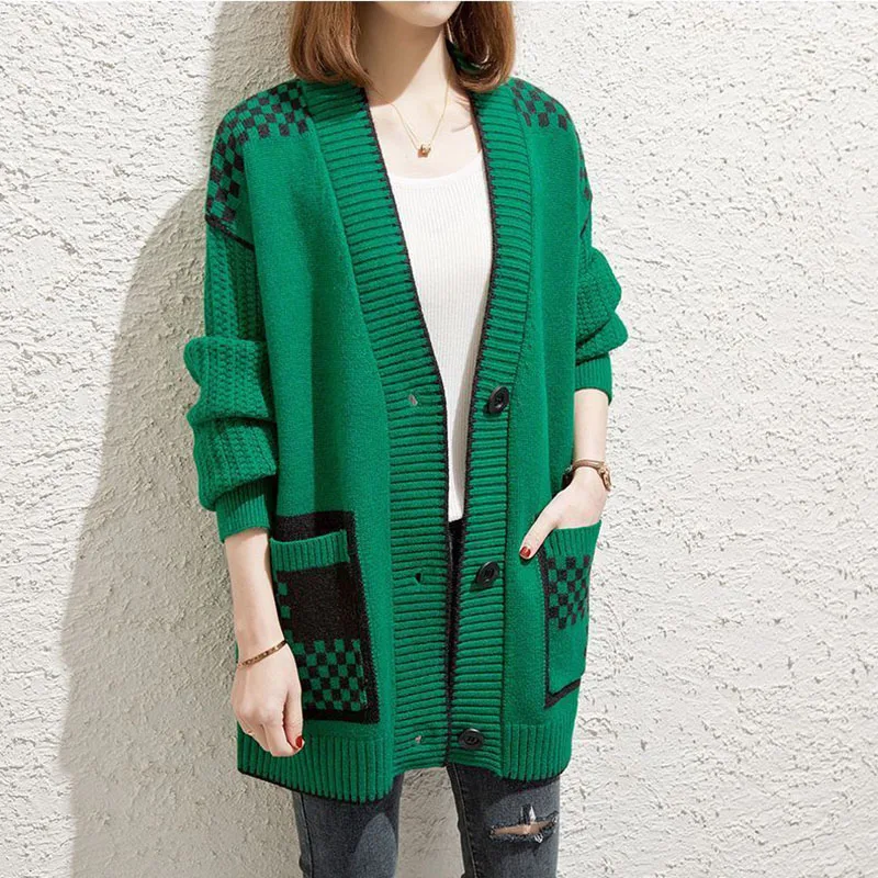 Spring Autumn New Women\'s Knitted Cardigan Coat Oversized Female Jacquard Sweater Outerwear Casual V-neck Sweaters Jacket 6XL